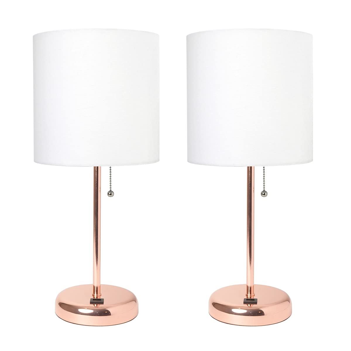Limelights LC2002-RGD-2PK White Stick Lamp with USB Charging Port & Fabric Shade Set, Rose Gold - Pack of 2