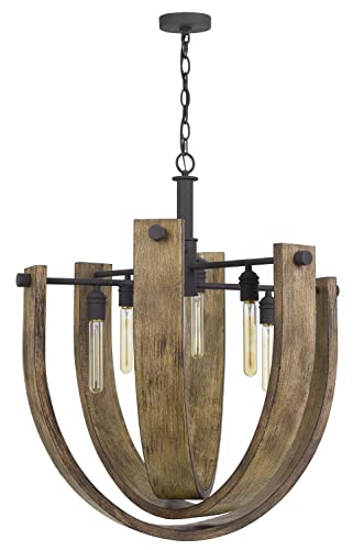 Cal Lighting FX-3729-6 Transitional Chandelier, 6 Lights, 31.5in, Bronze/Dark Finish, Metal, Light Oak/Iron