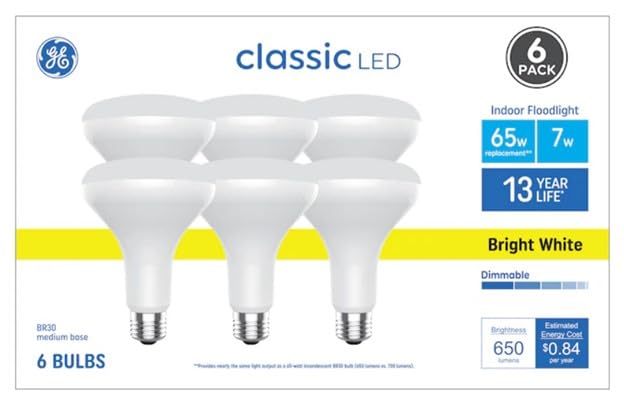 Ge Classic 65 W Equivalent Dimmable Bright White Br30 Led Light Bulbs, 6 Pack