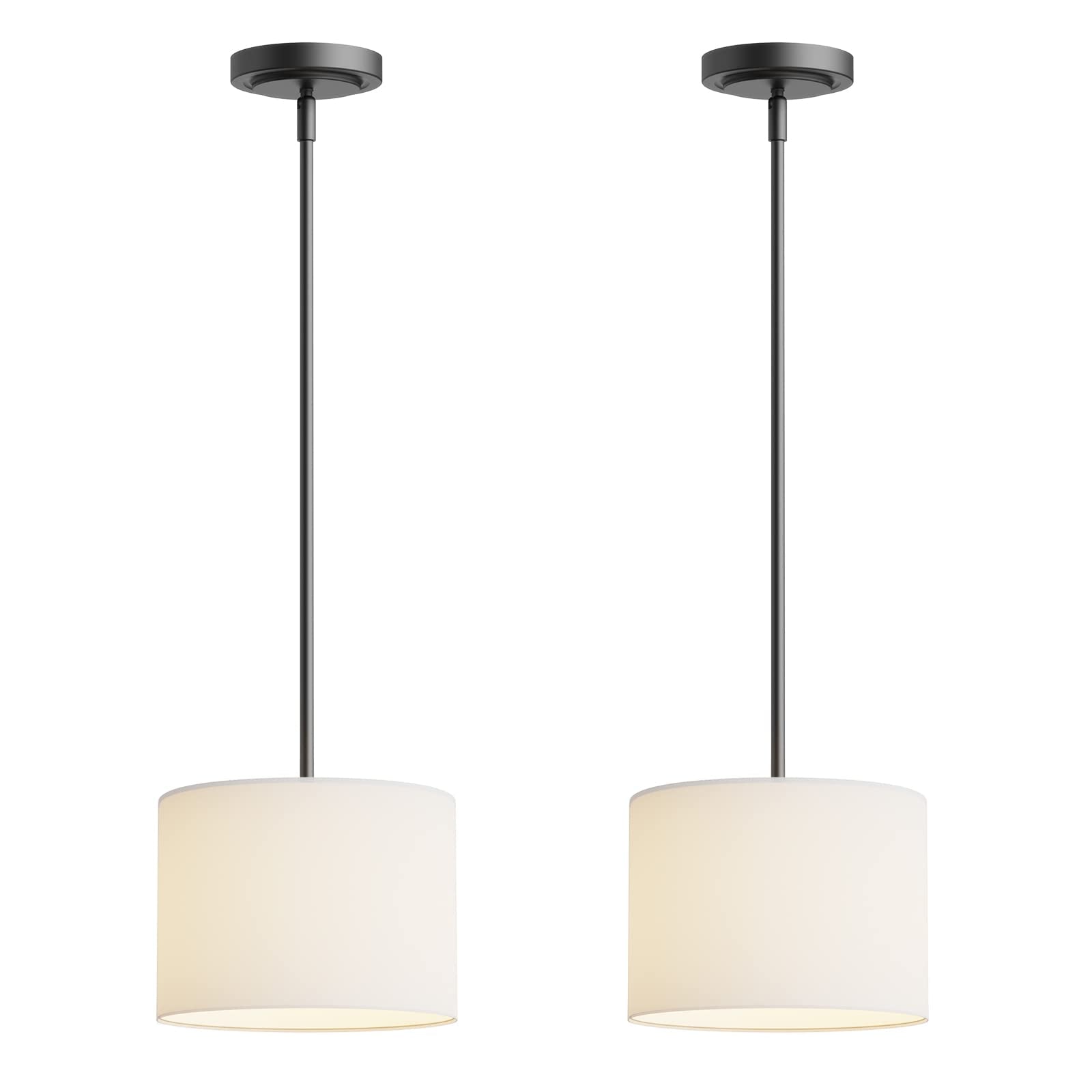Electro bp;9'' Dia White Linen Drum Shade Hanging Pendant Light Fixture with Black Pole Kit,E26,Hardwired,2-Pack;