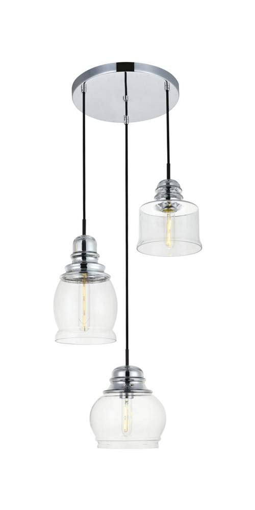 Elegant Lighting Kenna Chrome Pendant Light, 3 Lights With Clear Glass Shade