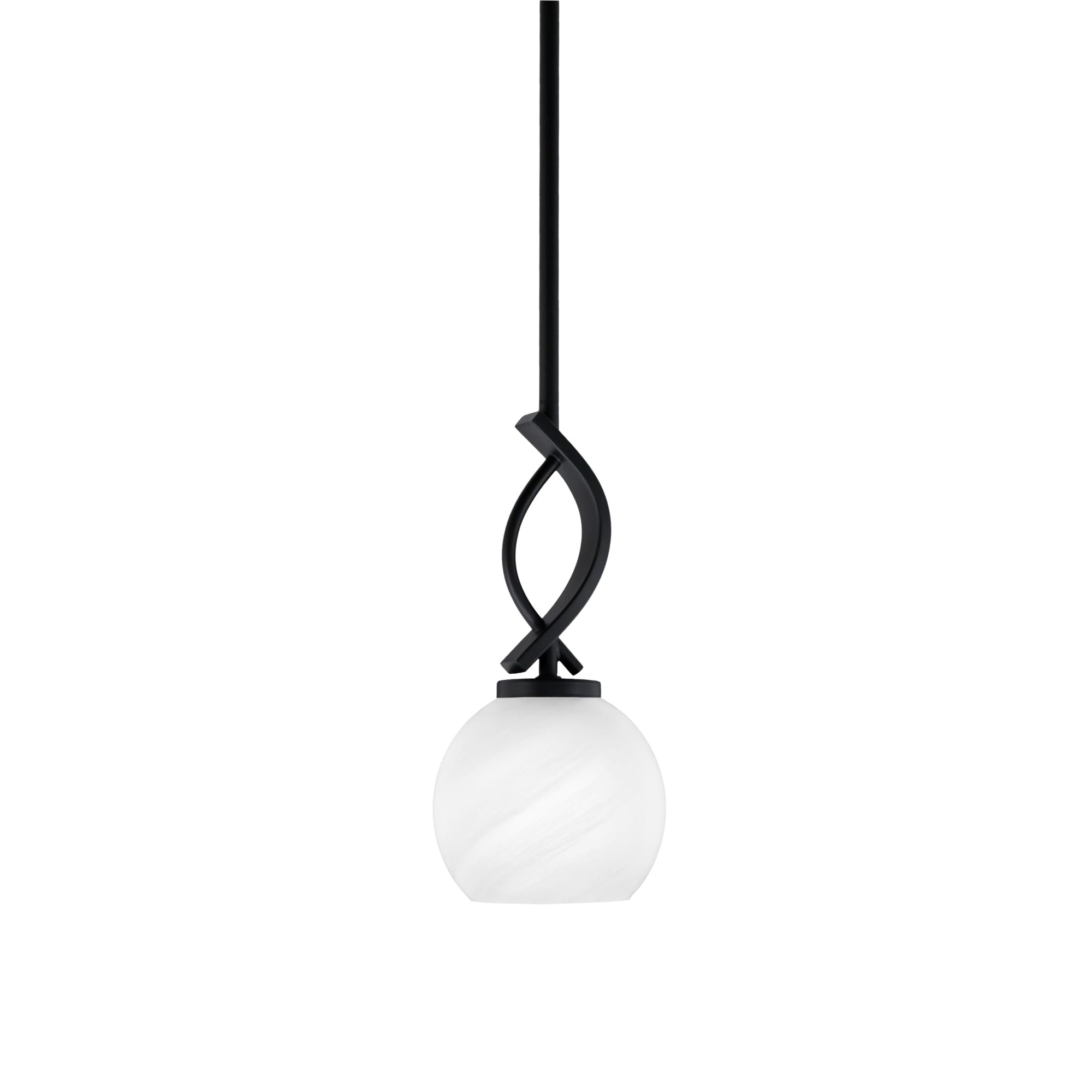 Cavella 1 Light Stem Mini Pendant Shown in Matte Black Finish with 5.75&quot; White Marble Glass