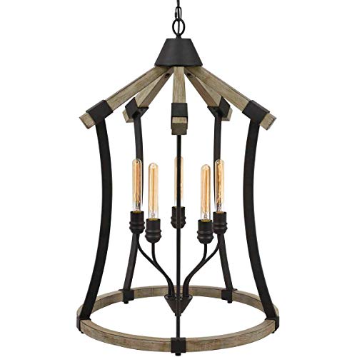 Cal Dali 60W x 5 Chandelier, Iron, Pine Wood, Model FX-3707-5, Edison Bulbs Not Included