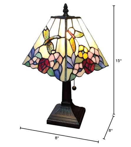 Amora Vintage Tiffany Table Lamp - Floral Mission Style Table Night Light - White  Colorful Glass Nightstand Lamp - 15  Tall Stained Glass Lamp