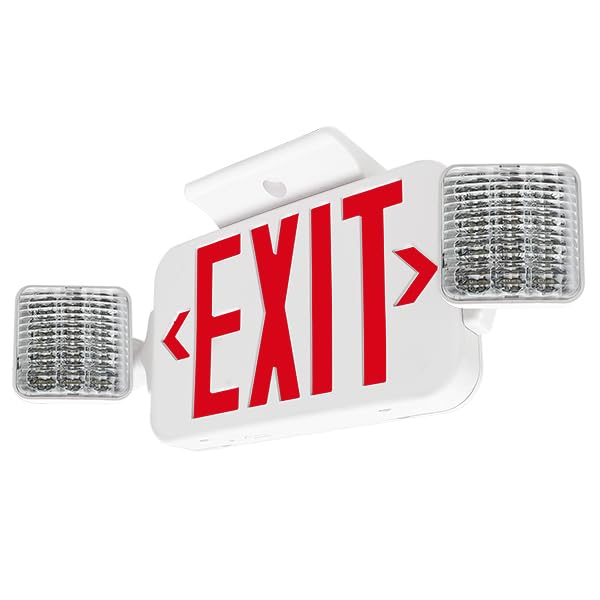 Lfi Lights | Combo Red Exit Sign With Emergency Lights | White Housing | All Led | Two Adjustable Square Heads | Hardwired With