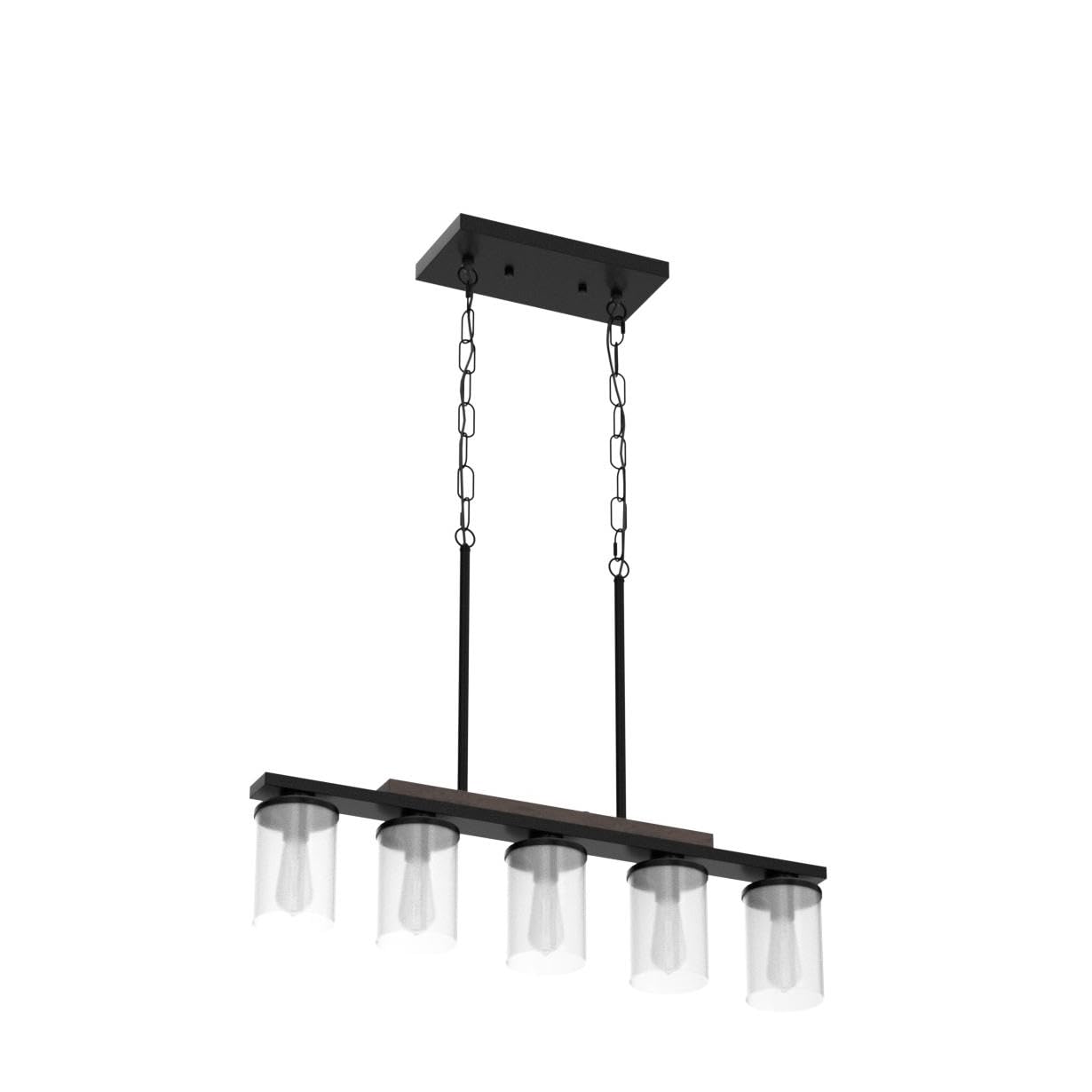 Farmhouse Dining Room Light Fixture,5-Light Kitchen Island Chandelier With Rustic Wood Frame,Black Metal Finish And Clear Glass