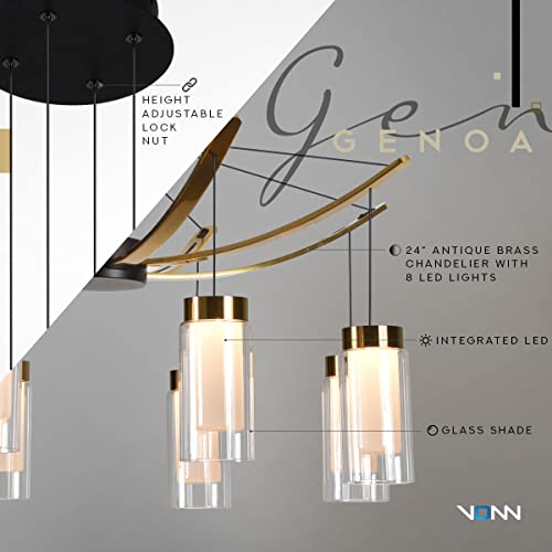 Vonn Lighting Genoa 24&quot; Height Adjustable Led Pendant Chandelier With 8 Glass Shades - Black
