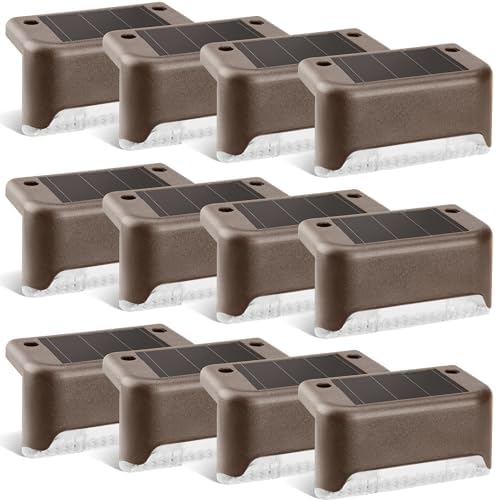 PATIOWIN Solar Deck Lights, Waterproof LED Step Lights for Outdoor Stairs, 12 Pack, Warm White, Model 9686, Brown