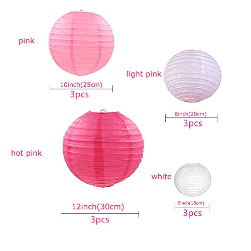 Famolay Pink Paper Lanterns 12 Pcs Assorted Size Of 6'' 8'' 10'' 12'' Chinese Round Paper Hanging Decorations Ball Lanterns Lamp