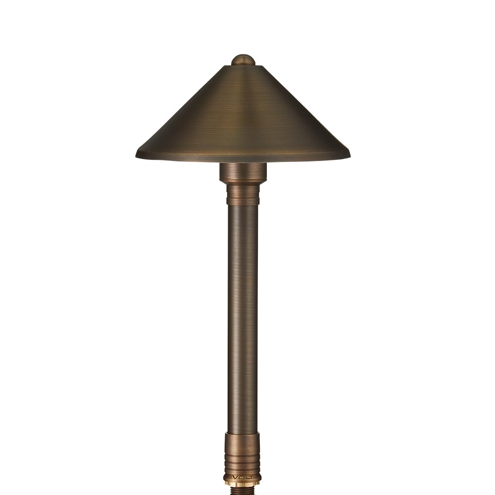 VOLT Conehead 12V Brass Mini Path Light (7 Shade, 15 Tall) for Low Voltage Landscape Lighting on Outdoor Pathway, Walkway, Garde