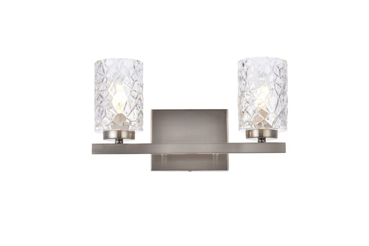 Living District Indoor Modern Home Decorative Bright Ceiling Cassie 2 Lights Bath Sconce in Satin Nickel with Clear Shade