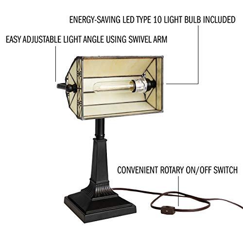 Lavish Home Tiffany-Style Bankers Lamp, Wrought Iron, Dark Brown, LED, 10.5in x 11in x 16in, Model 224656MXG