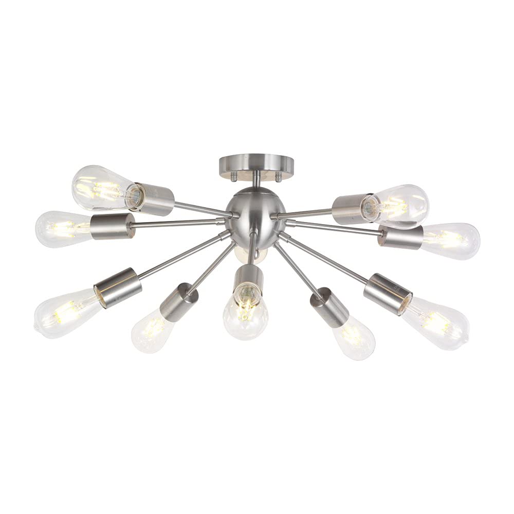 Bonlicht 10-Light Sputnik Chandelier Brushed Nickel Flush Mount Ceiling Light Modern Pendant Lighting For Kitchen Living Room Di