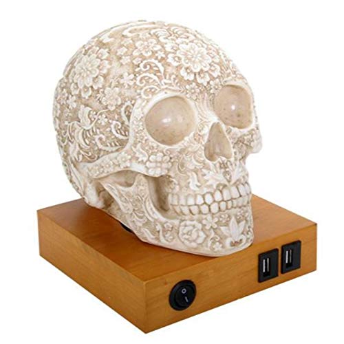 SUMMIT COLLECTION Floral Skull LED Lamp with USB Charging Ports, White, Model 9168, Glass