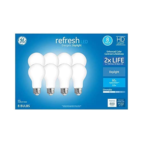 GE Refresh 60-Watt EQ A19 Daylight Dimmable LED Light Bulb 8-Pack, White, Model 44937
