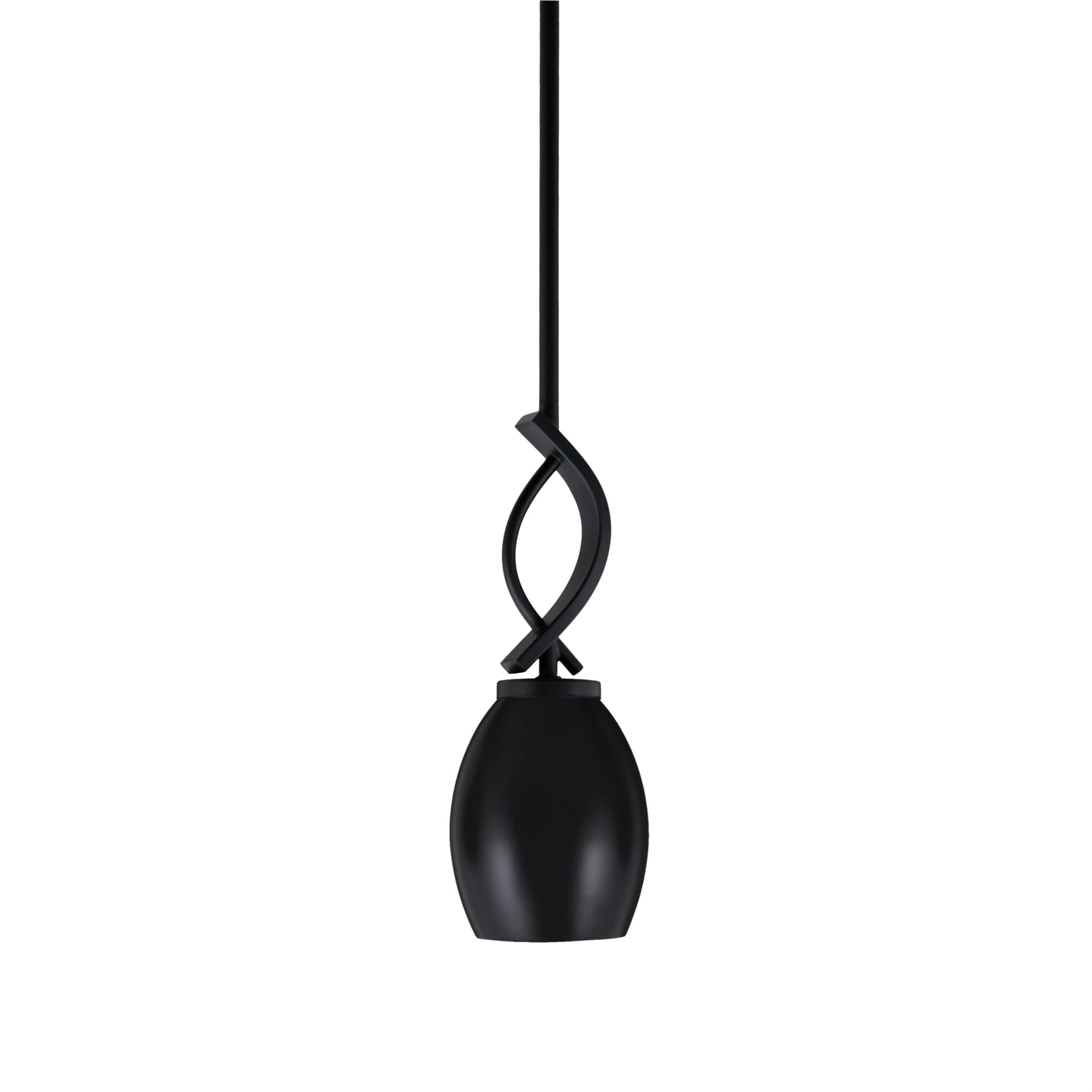 Cavella 1 Light Stem Mini Pendant Shown in Matte Black Finish with 5&quot; Matte Black Oval Metal Shade
