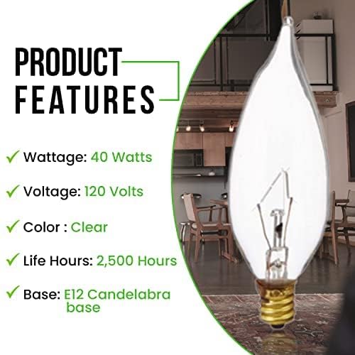 Bulbmaster 25 Watts Bent Tip Decorative Light Bulbs Soft White E12 Candelabra Light Bulb Base, 120V 25Cfc Flame Shaped Dimmable
