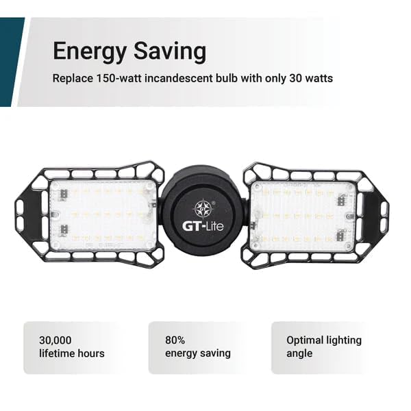Gt-Lite 3000 Lumen Led Garage Light, 300-Watt Equivalent, Adjustable 2-Panel Bulb, 150-Watt Equivalent, 5000K Daylight, E26, 2Pa