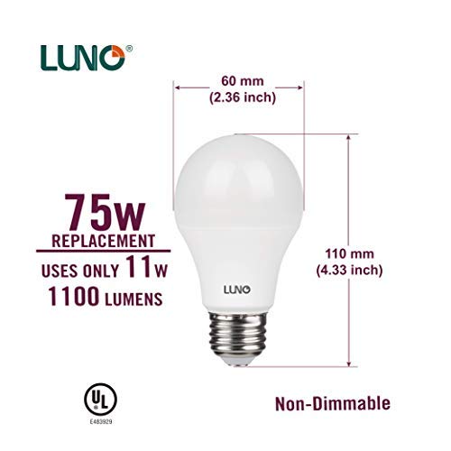 Luno A19 Non-Dimmable Led Bulb, 11W (75W Equivalent), 1100 Lumen, 4000K (Neutral White), Medium Base (E26), Ul Certified (6-Pack
