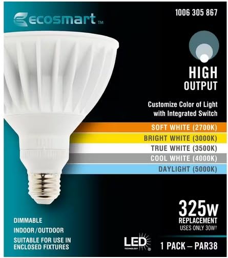 325W Equivalent 2700K, 3000K, 3500K, 4000K, 5000K Selectable Par 38 Dimmable Led Floodlight Bulb (1-Pack), White