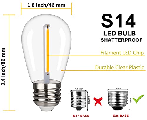 KGC S14 LED Edison Bulbs, 1W Equivalent to 10W, Shatterproof & Waterproof, 2200K, E26 Base, 15 Pack