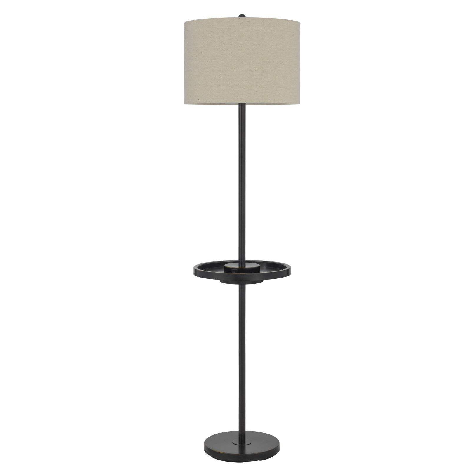 HomeRoots Bronze Tray Table Floor Lamp with Beige Drum Shade, 62 in. Height