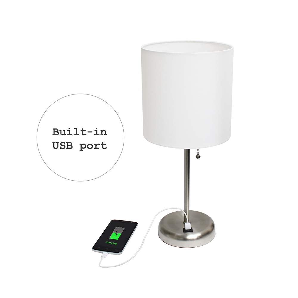 Simple Designs Lt2044-Wht Brushed Steel Stick Table Desk Lamp With Usb Charging Port And Drum Fabric Shade, White Shade
