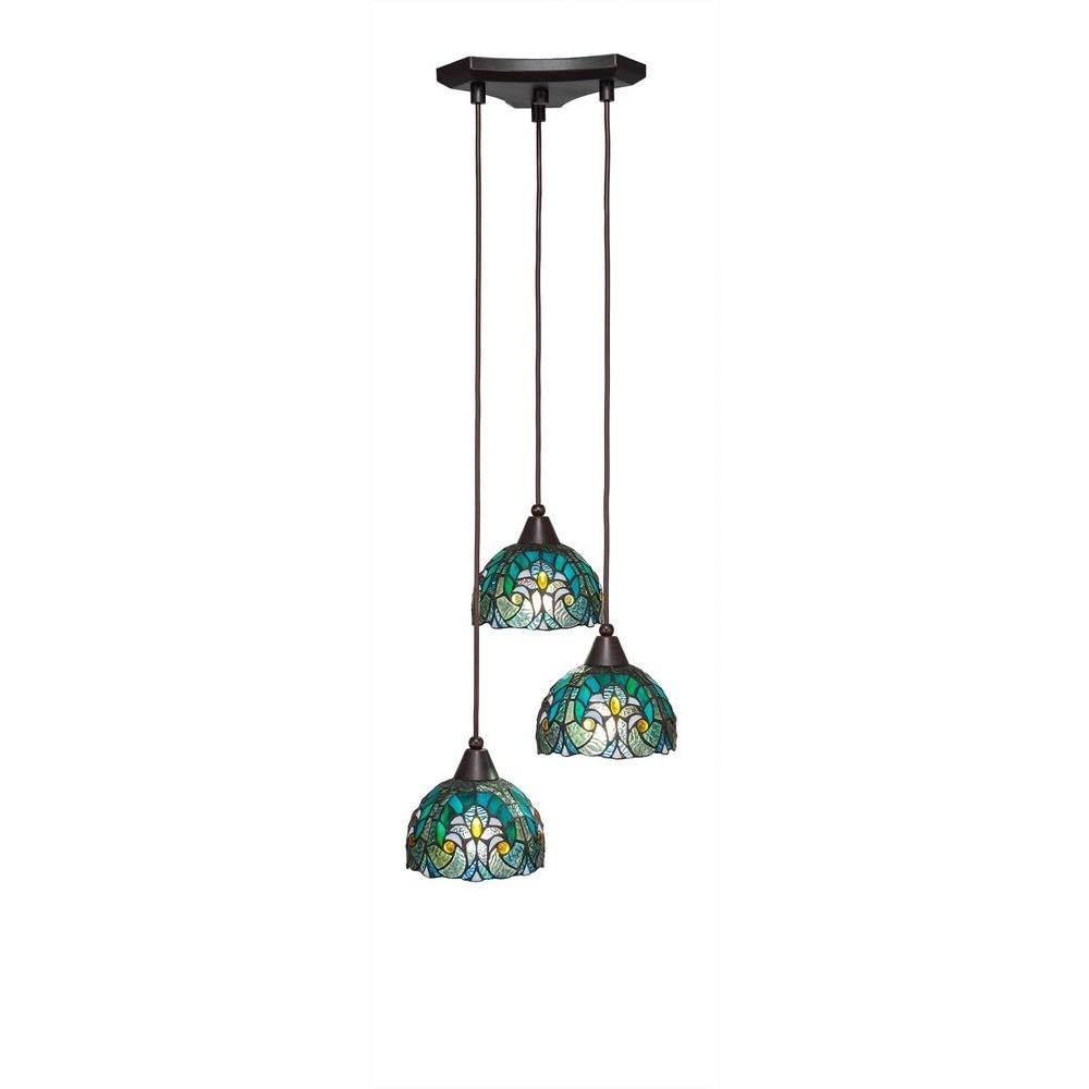 Toltec Lighting 28-Dg-9925 Europa 3 Light Multi-Light Mini Pendant With Turquoise Cypress Glass, 7&quot;, Dark Granite