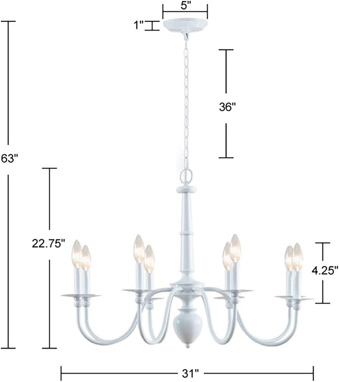 Martha Stewart Glossy White Farmhouse Chandelier, 8 Bulb Adjustable Ceiling Light Fixture
