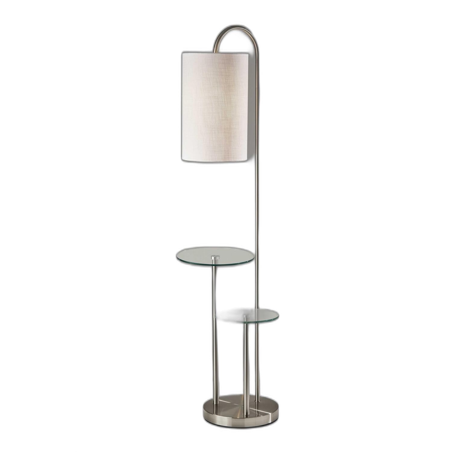 HomeRoots Tray Table Floor Lamp with White Drum Shade, Glass & Metal, Model HRF-372886