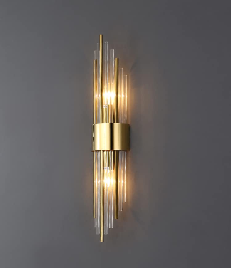 Shawnkey 2-Light Gold Wall Sconce, Modern Brushed Titanium With Clear Glass Crystal For Home Lighting