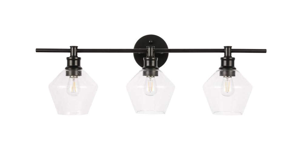 Living District Gene Industrial Mid-Century Modern 3 Light Entryway and Bathroom Wall Sconce in Black and Clear Glass