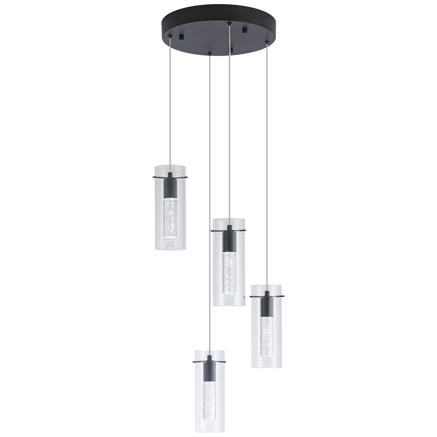 BESTWEST Black Pendant Light Fixture, Modern 4-Light Dimmable Chandelier, Glass, Sand Black, Model BW-03