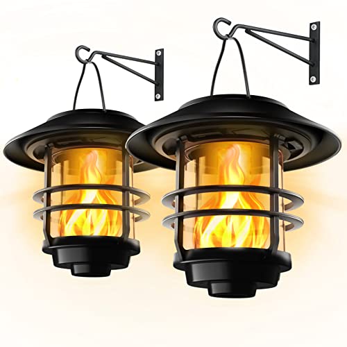 Otdair Solar Wall Lanterns, Flickering Flames Sconce Lights, Glass, 2 Pack, Flame-black