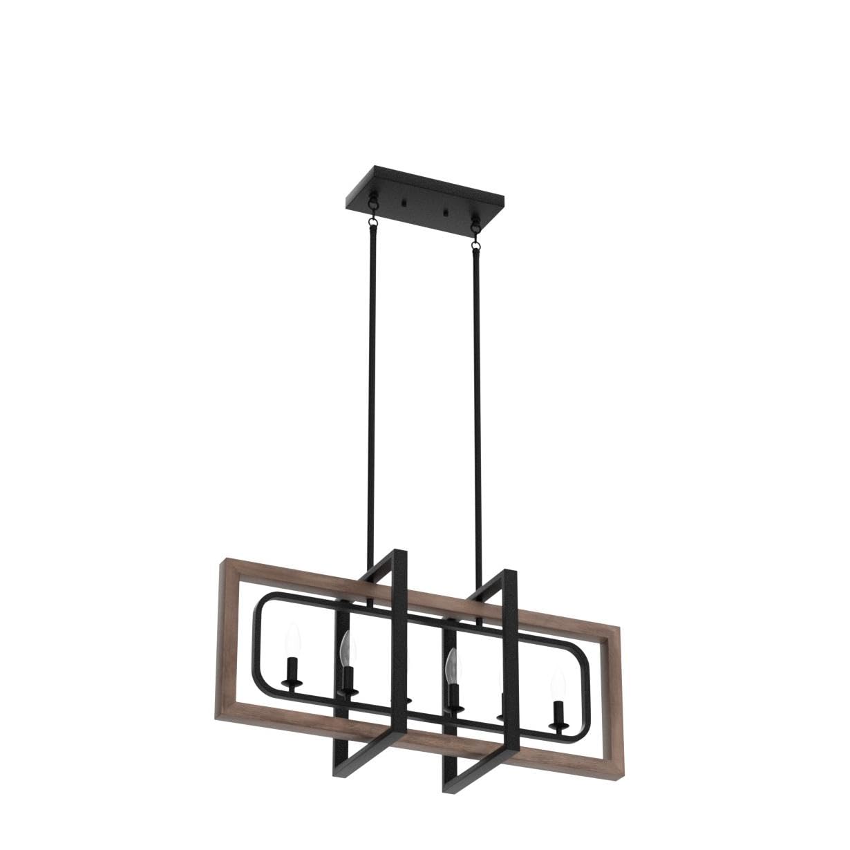 Lingkai Farmhouse Chandelier - Rustic 6-Light Pendant Fixture, Wood & Metal for Kitchen, Dining Room, Pool Table - Model LKCH21005WD-6