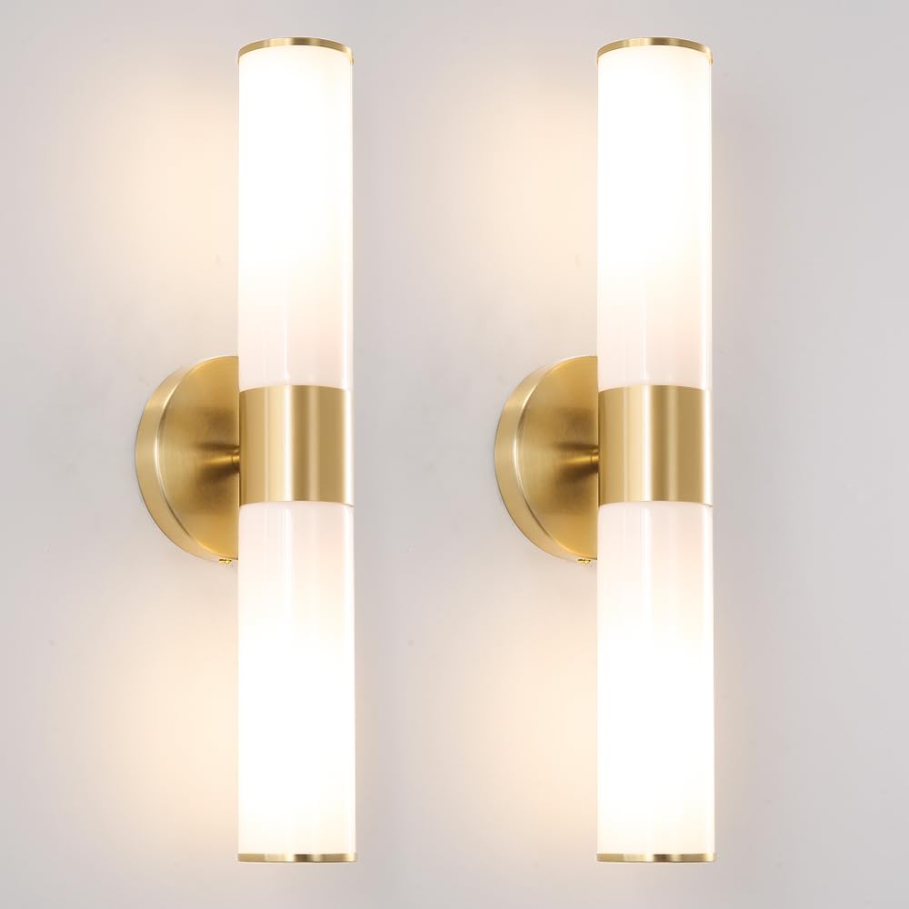 Gold Bathroom Wall Sconces Set Of 2  Brass Wall Sconce With Mikly White Glass Shade  Modern Sconces Wall Lighting  Vanity Light Fixtures  Wall Lights For Mirror Living Room Bedroom Hallway Stairs