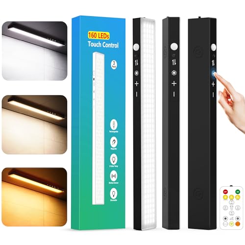 160Leds Touch-Control Under Cabinet Lighting W/4000Mah Battery  Cordless Motion Sensor Under Counter Lights For Kitchen  Magnetic Rechargeable Closet Lights - 3Pack/Black  2025 Fall