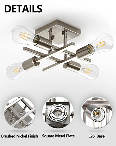 Youroke 2 Pack 4-Light Semi Flush Mount Ceiling Light, Modern Brushed Nickel Close To Ceiling Light Fixtures, Easy Assembled, Ho
