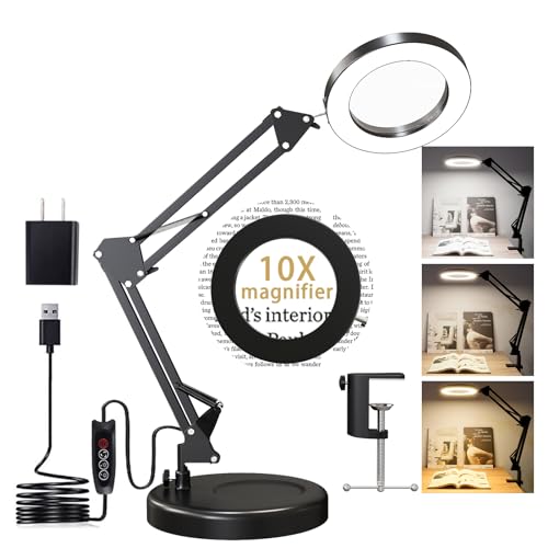 Magnifying Glass With Light And Stand, 10X Magnifying Lamp, 2-In-1 Led Lighted Desk Magnifier With Light, Craft Light Lamp With