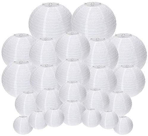 UNIQOOO 24PCS White Paper Lantern Wedding Party Decoration Set, Hanging Japanese Lantern Decor, Easy Assemble, For Home Outdoor Baby Bridal Shower, Birthday Favor Supply, Assorted 12 Inch, 10, 8, 6, 4