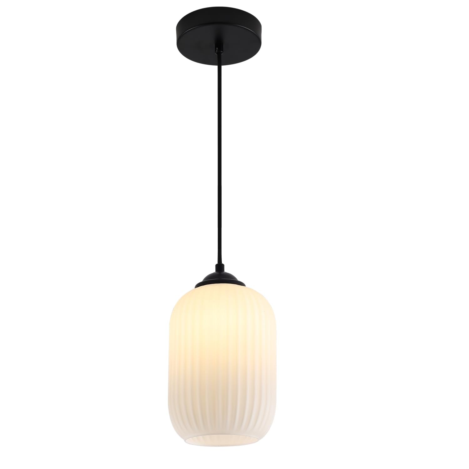 KCO Lighting Small Striped Glass Pendant Light Mini Matte Black Pendant Light Fixture 1-Light Milk Glass Pendant Light Modern Fa