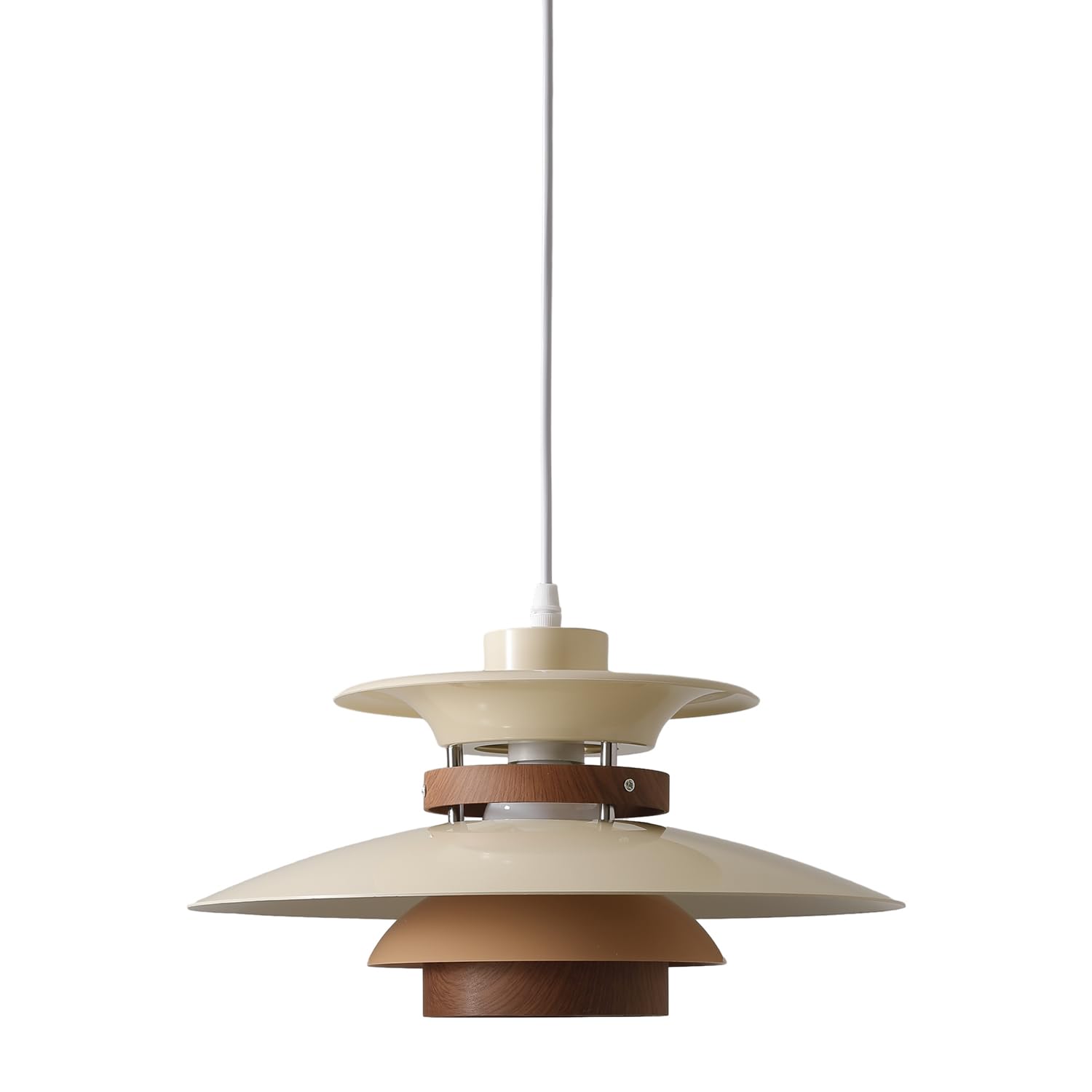 EFINEHOME Adjustable Pendant Lamp, 1-Light E26 Base, Aluminum & Wood Finish, 40cm, Beige+Dark Wood Grain, Model EFLM22385H