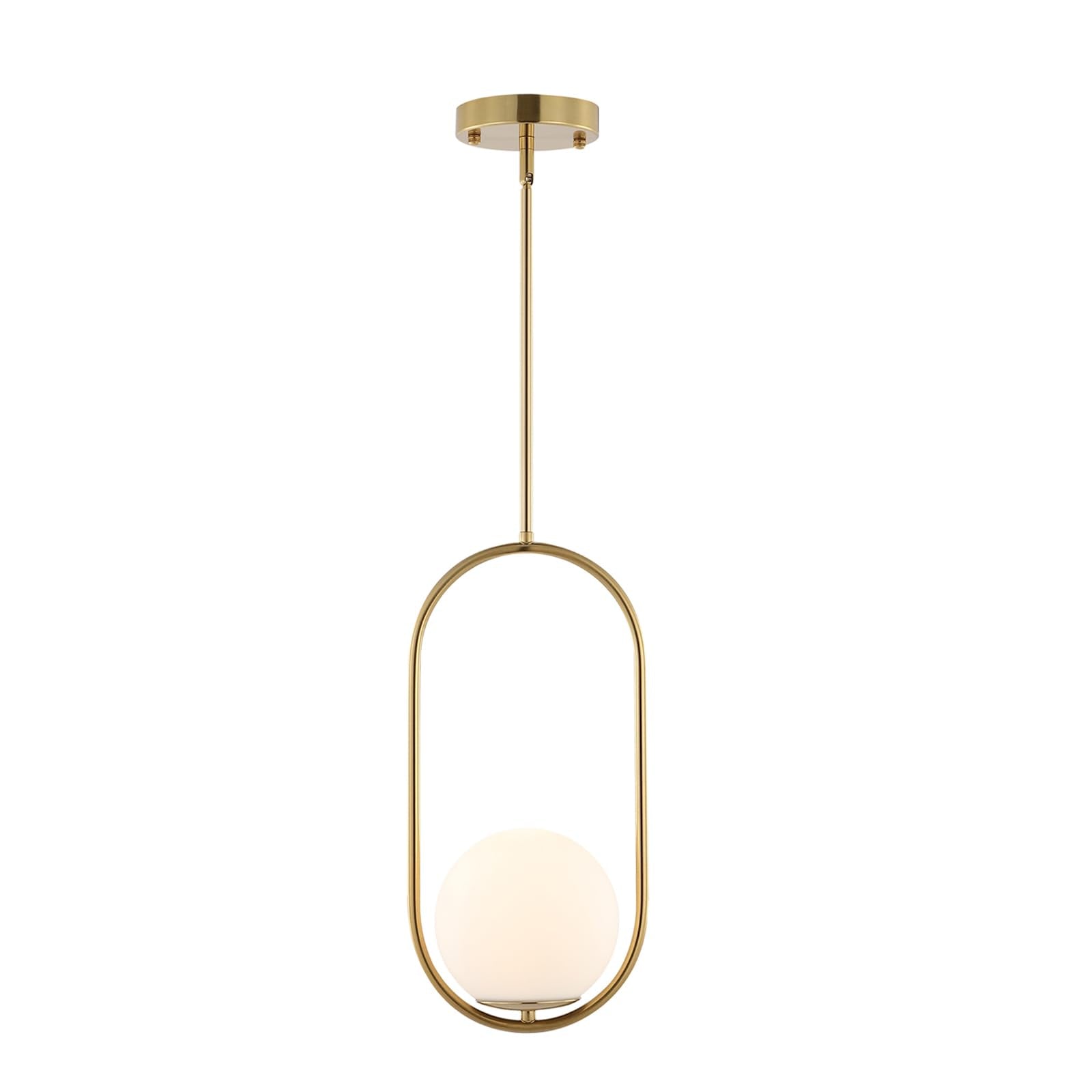 Byoliima Modern Gold Globe Pendant Light Mid Century Chandelier 1-Light Brushed Brass Ceiling Hanging Lighting Fixture With White Globe Glass Shade For Kitchen Island Dining Room Bedroom