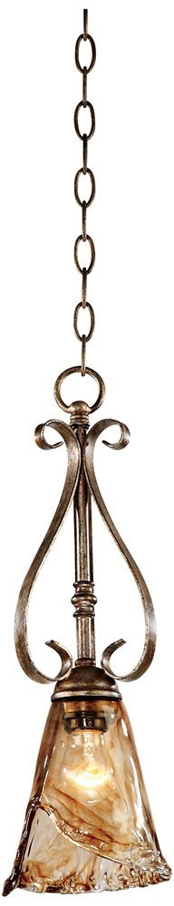 Franklin Iron Works Mini Pendant Lighting Fixture, Amber Scroll Art Glass, 6in Wide, Golden Bronze, Model 66225, Rustic Farmhouse Style