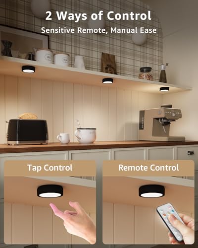 Led Puck Lights Rechargeable With Remote, Black Stick On Lights For Closet Battery Operated Push Button Light Magnetic Under Cabinet Tap Lights Usb Bookshelf Light Wireless Kitchen Counter Touch Light