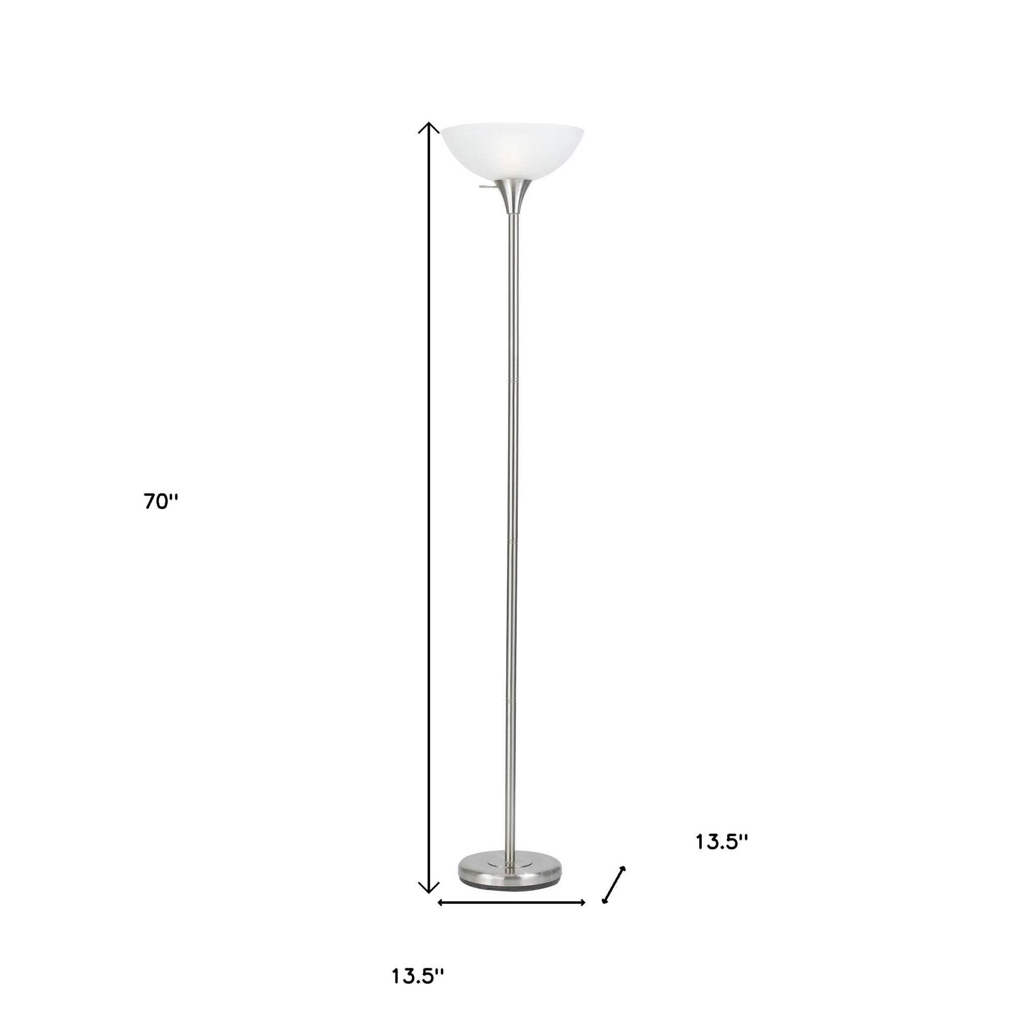 Homeroots Nickel Torchiere Floor Lamp - 70 In. With White Frosted Glass Dome Shade, Metal Construction