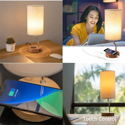 Artoomizz Bedside Table Lamp - Touch Control LED, Wireless Charger & USB Port, Cream, Dimmable, Wooden Nightstand Lamp for Bedroom & Office