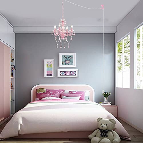 Alighting Pink Plug-In Chandelier, Small Crystal 4-Light Lighting For Girls' Bedroom