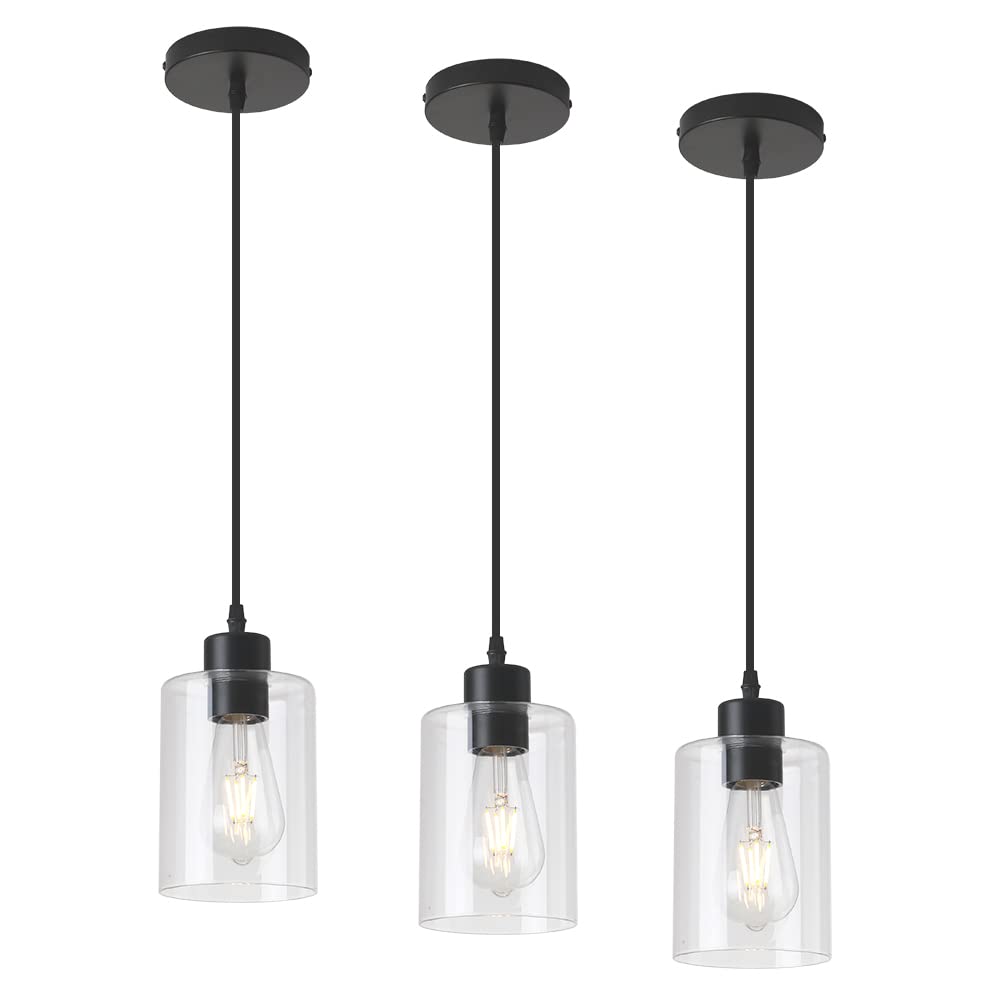 KLSS Modern Black Farmhouse Clear Glass Cylinder Pendant Light Fixture,Mini Pendant Lighting for Kitchen Island Decor - 4.75 Inc