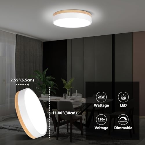 WOKNOS Modern Dimmable LED Flush Mount Ceiling Light, 11.8" White Oak Fixture for Bedroom, Living Room, Bathroom, Model WK20240716004